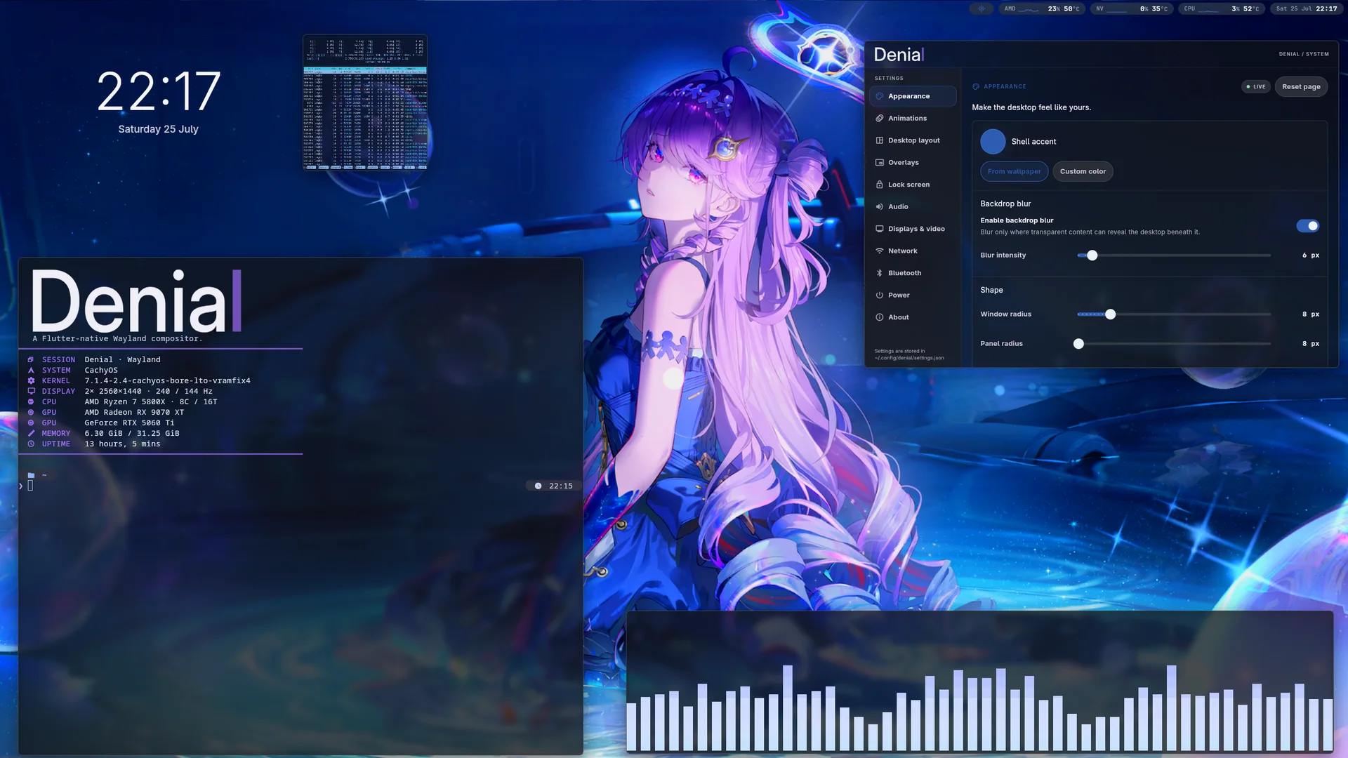 A development build of the Denial desktop with a terminal and settings window